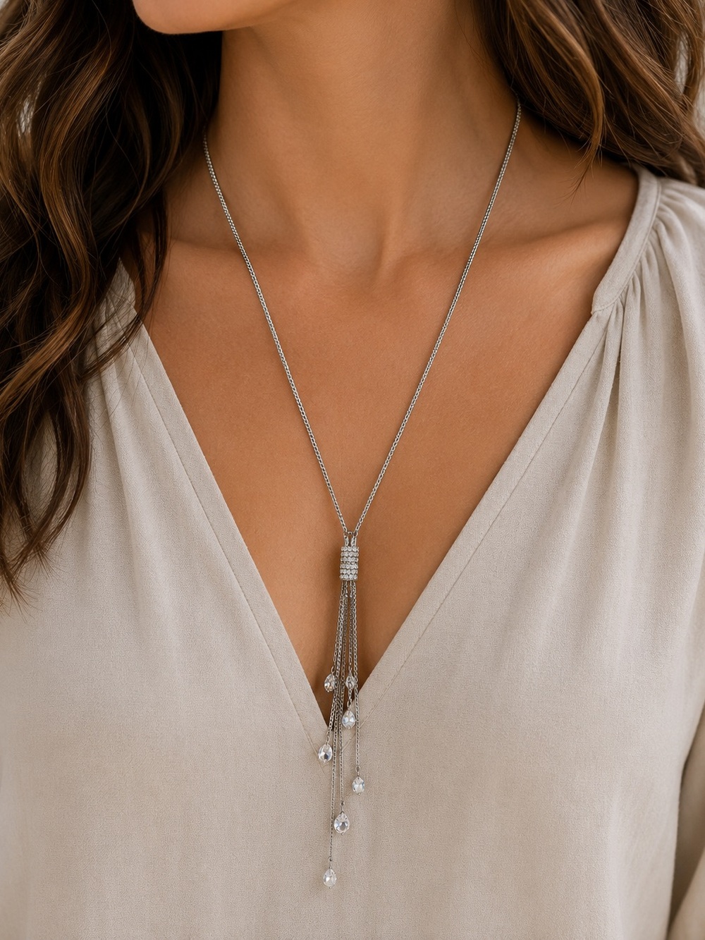 Silver and Rhinestone Long Necklace